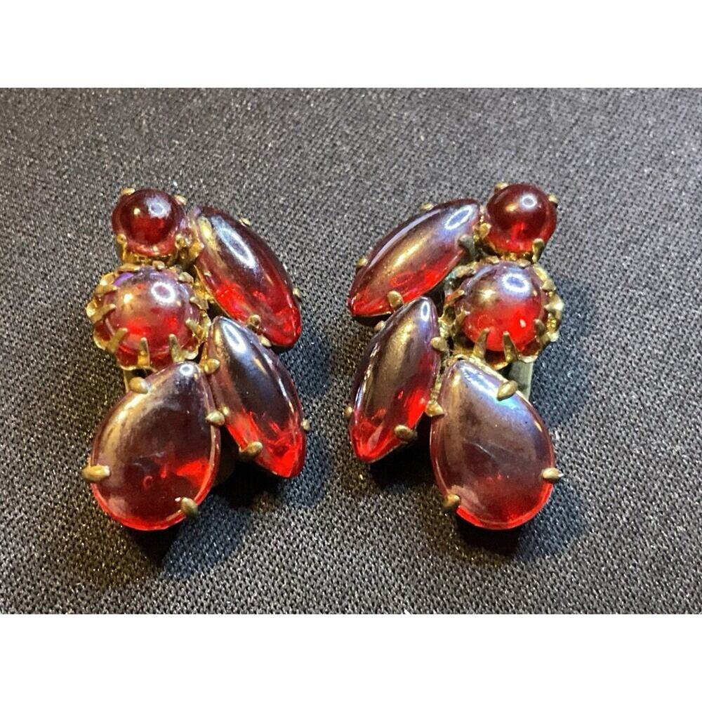 West Germany A/B Red Rhinestone Vintage Clip On Earrings